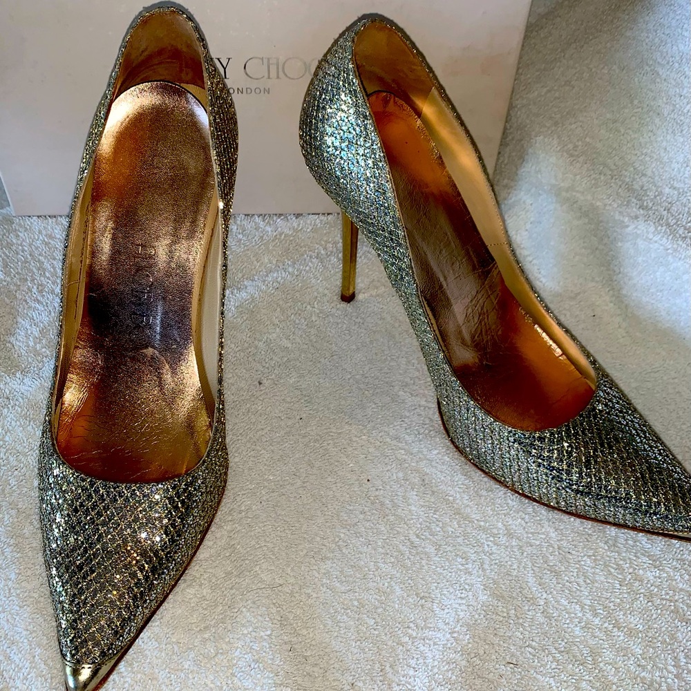 Jimmy Choo Romy 100 silver glitter heels. Size 8